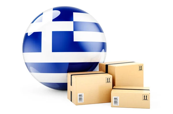 Çinde Yunan Bayrağı Olan Paketler Yunanistan Nakliye Teslimat Konsept Beyaz — Stok fotoğraf