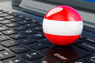 Dizüstü bilgisayarda Avusturya bayrağı. Çevrimiçi iş, e-eğitim, Avusturya 'da alışveriş. 3B görüntüleme