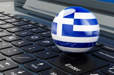 Dizüstü bilgisayarda Yunan bayrağı. Çevrimiçi iş, e-eğitim, Yunanistan 'da alışveriş. 3B görüntüleme