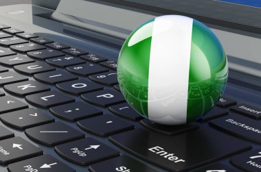 Dizüstü bilgisayarda Nijerya bayrağı. Çevrimiçi iş, e-eğitim, Nijerya 'da alışveriş. 3B görüntüleme