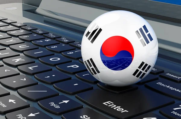 South Korean flag on laptop keyboard. Online business, e-education, shopping in South Korea concept. 3D rendering