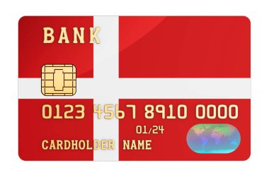 Danimarka bayrağı taşıyan banka kartı. Danimarka 'da ulusal bankacılık sistemi. Beyaz arkaplanda 3B görüntüleme izole edildi