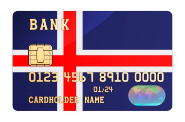 İzlanda bayrağının olduğu bir kredi kartı. İzlanda 'da ulusal bankacılık sistemi. Beyaz arkaplanda 3B görüntüleme izole edildi