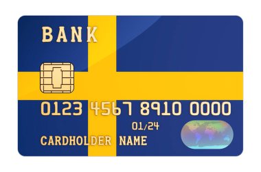 İsveç bayrağı taşıyan banka kartı. İsveç 'te ulusal bankacılık sistemi. Beyaz arkaplanda 3B görüntüleme izole edildi