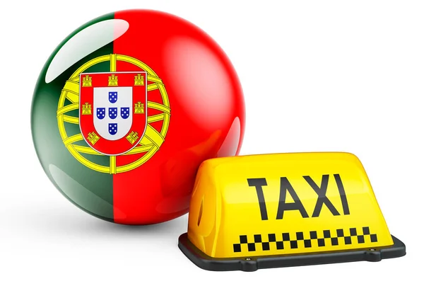 Taxi Service Portugal Concept Yellow Taxi Car Signboard Portuguese Flag — Stock Photo, Image