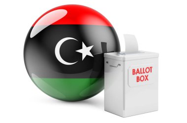Libya bayrağıyla birlikte oy sandığı. Libya 'da seçim. Beyaz arkaplanda 3B görüntüleme izole edildi