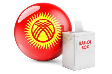 Kırgız bayrağıyla birlikte oy sandığı. Kırgızistan 'da seçim. Beyaz arkaplanda 3B görüntüleme izole edildi