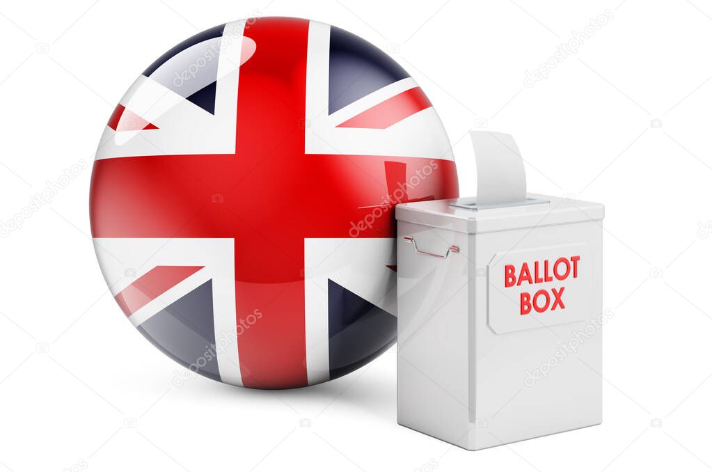 Ballot box with British flag. Election in the Great Britain. 3D rendering isolated on white background