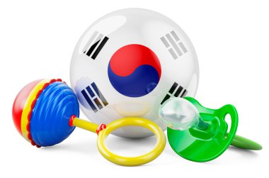 Güney Kore konseptinde doğum oranı ve ebeveynlik. Bebek emziği ve Güney Kore bayraklı bebek çıngırağı, beyaz arka planda 3 boyutlu görüntüleme