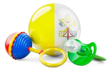 Vatikan konseptinde doğum oranı ve ebeveynlik. Bebek emziği ve Vatikan bayraklı bebek çıngırağı, beyaz arka planda 3 boyutlu görüntüleme