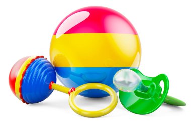 Emzik ve bebek çıngırağıyla panseksüel bayrak. Beyaz arkaplanda 3B görüntüleme izole edildi