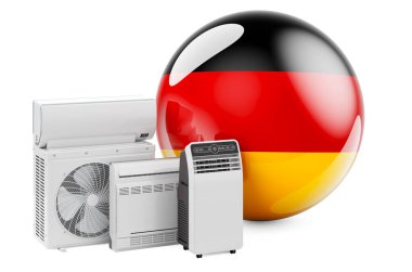 Soğutma ve iklim elektrikli cihazları olan Alman bayrağı. Almanya 'da klima imalatı, ticareti ve hizmeti, beyaz arka planda 3 boyutlu görüntüleme