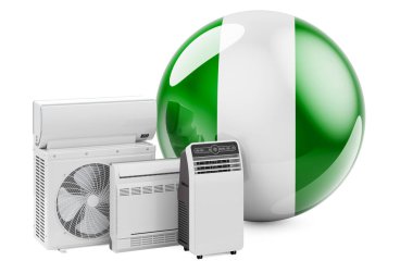 Soğutma ve iklim elektrikli cihazları olan Nijerya bayrağı. Nijerya 'da klima imalatı, ticareti ve hizmeti, beyaz arka planda 3 boyutlu görüntüleme