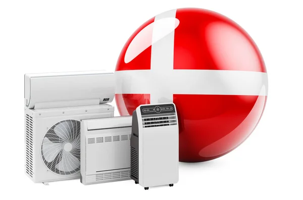 冷却と気候の電気機器とデンマークのフラグ デンマークのエアコンの製造 サービス 白い背景に隔離された3Dレンダリング — ストック写真