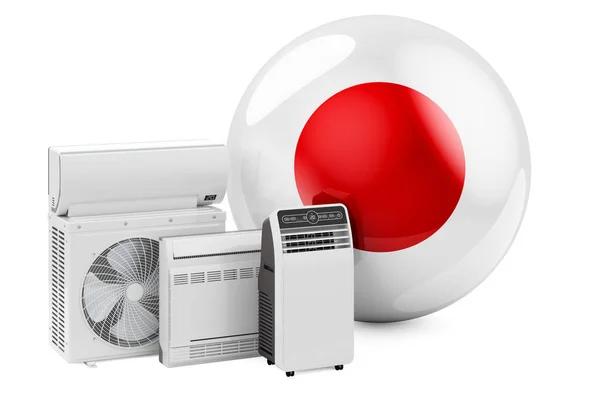 日本国旗与冷却和气候电气设备 日本空调的制造 交易和服务 3D渲染白色背景的隔离 — 图库照片