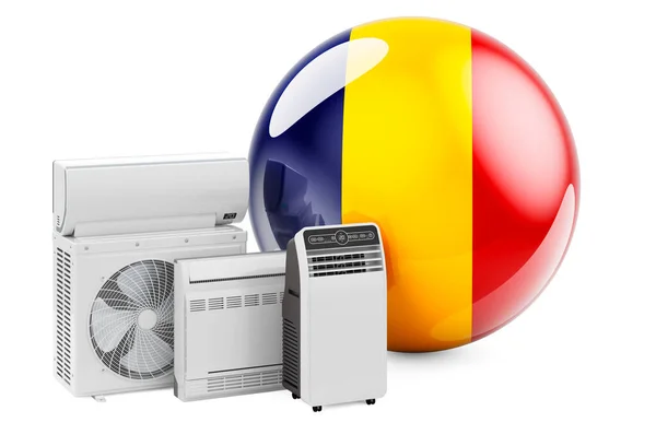 Rumunská Vlajka Chlazením Klimatickými Elektrickými Zařízeními Výroba Obchodování Servis Klimatizátorů — Stock fotografie