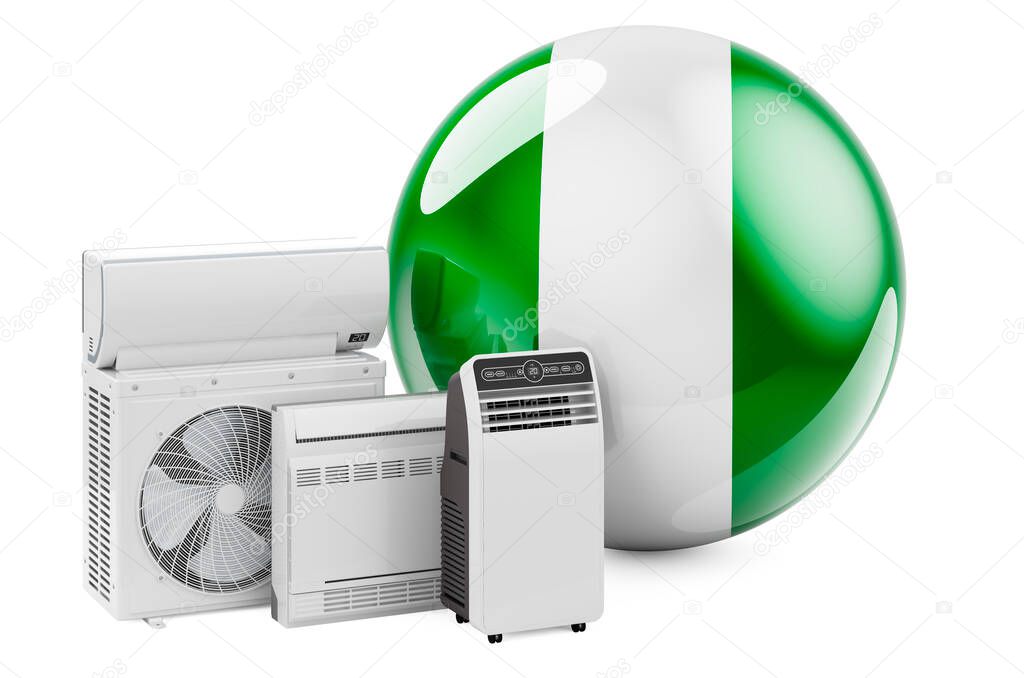 Nigerian flag with cooling and climate electric devices. Manufacturing, trading and service of air conditioners in Nigeria, 3D rendering isolated on white background