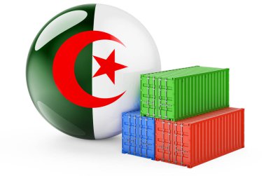 Cezayir bayrağı taşıyan kargo konteynerleri. Cezayir 'de nakliye, beyaz arka planda 3D görüntüleme