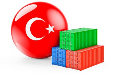 Türk bayrağı taşıyan kargo konteynerleri. Türkiye 'de nakliye, beyaz zemin üzerinde 3D görüntüleme