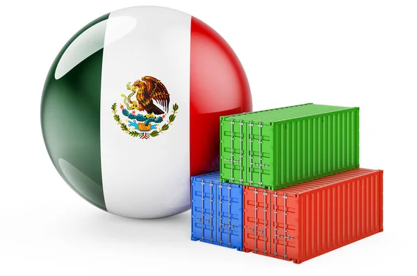 Contenedores Carga Con Bandera Mexicana Envío Carga México Renderizado Aislado — Foto de Stock