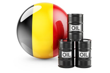 Oil barrels with Belgian flag. Oil production or trade in Belgium concept, 3D rendering isolated on white background
