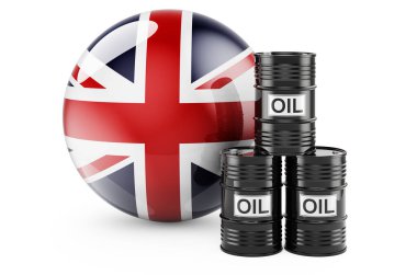 Oil barrels with British flag. Oil production or trade in the Great Britain concept, 3D rendering isolated on white background
