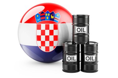 Oil barrels with Croatian flag. Oil production or trade in Croatia concept, 3D rendering isolated on white background