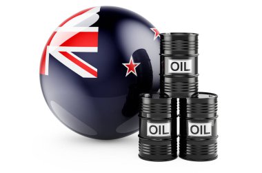 Oil barrels with New Zealand flag. Oil production or trade in New Zealand concept, 3D rendering isolated on white background