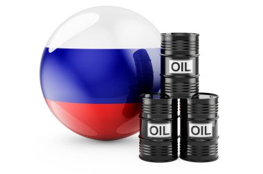 Oil barrels with Russian flag. Oil production or trade in Russia concept, 3D rendering isolated on white background