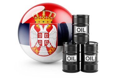 Oil barrels with Serbian flag. Oil production or trade in Serbia concept, 3D rendering isolated on white background