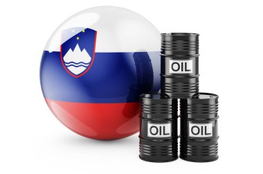 Oil barrels with Slovenian flag. Oil production or trade in Slovenia concept, 3D rendering isolated on white background