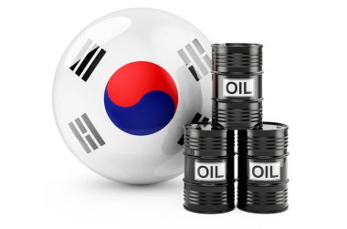 Oil barrels with South Korean flag. Oil production or trade in South Korea concept, 3D rendering isolated on white background