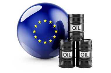 Oil barrels with The EU flag. Oil production or trade in the European Union concept, 3D rendering isolated on white background