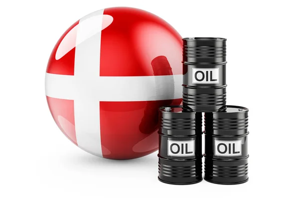 Barriles Petróleo Con Bandera Danesa Producción Petróleo Comercio Dinamarca Concepto —  Fotos de Stock