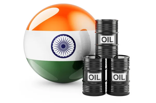 Barili Petrolio Con Bandiera Indiana Produzione Commercio Petrolio India Concetto — Foto Stock