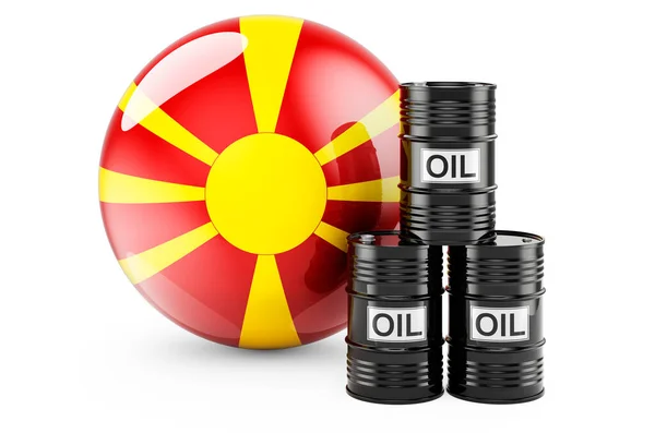Barriles Petróleo Con Bandera Macedonia Producción Petróleo Comercio Macedonia Concepto —  Fotos de Stock