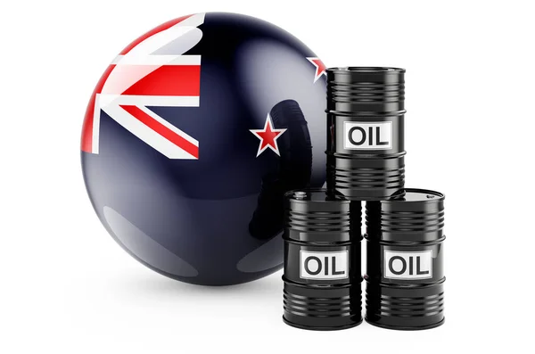 Barili Petrolio Con Bandiera Neozelandese Produzione Commercio Petrolio Nuova Zelanda — Foto Stock