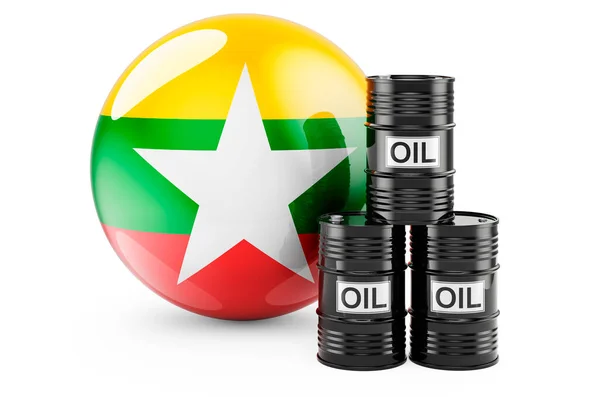 Barili Petrolio Con Bandiera Birmana Produzione Commercio Petrolio Myanmar Concetto — Foto Stock