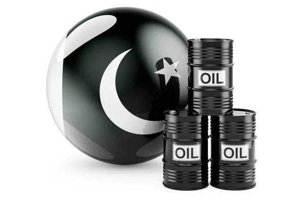 Barili Petrolio Con Bandiera Pakistana Produzione Commercio Petrolio Pakistan Concetto — Foto Stock