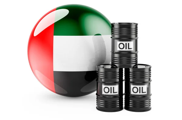 Barili Petroliferi Con Bandiera Degli Emirati Arabi Uniti Produzione Commercio — Foto Stock