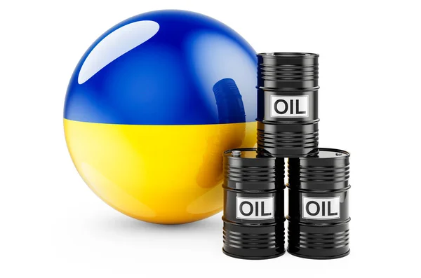 Barriles Petróleo Con Bandera Ucraniana Producción Petróleo Comercio Ucrania Concepto —  Fotos de Stock
