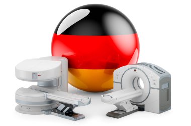 MRI ve CT Teşhis, Almanya 'daki Araştırma Merkezleri. Alman bayrağı taşıyan MRI makinesi ve CT tarayıcısı, beyaz arkaplanda 3 boyutlu görüntüleme