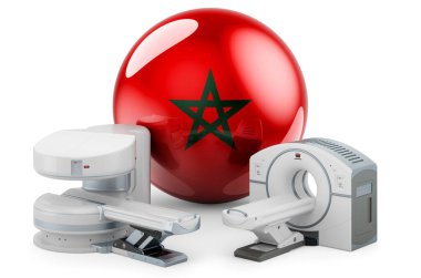 MRI ve CT Teşhis, Fas 'taki Araştırma Merkezleri. Fas bayrağı taşıyan MRI makinesi ve CT tarayıcısı, beyaz arkaplanda 3 boyutlu görüntüleme