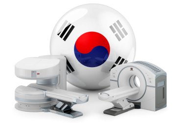 MRI ve CT Diagnostik, Güney Kore Araştırma Merkezleri. Güney Kore bayrağı taşıyan MRI makinesi ve CT tarayıcısı, beyaz arkaplanda 3 boyutlu görüntüleme