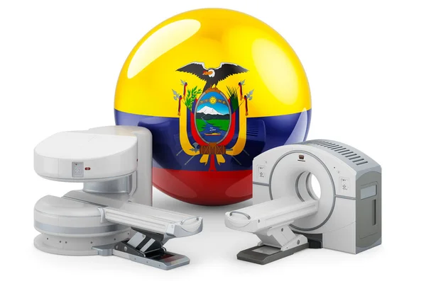 Mri和Ct诊断 厄瓜多尔研究中心 带有厄瓜多尔国旗的Mri机和Ct扫描仪 白色背景下的3D渲染隔离 — 图库照片