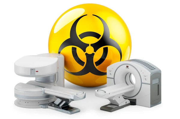 具有生物危险标志的Mri机和Ct扫描仪 白色背景下的3D渲染隔离 — 图库照片