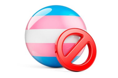 Transeksüel bayrağı taşıyan yasak işaret, beyaz arkaplanda 3 boyutlu görüntüleme