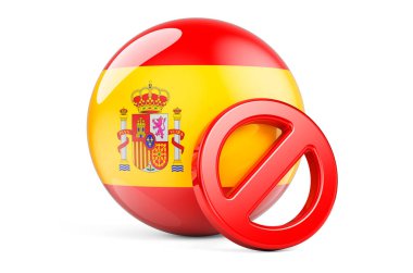 İspanyol bayrağıyla yasaklanmış sembol. İspanya kavramında yasaklama, beyaz arkaplanda 3 boyutlu görüntüleme
