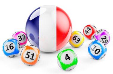 Fransız bayrağıyla loto topları. Fransa 'da piyango konsepti, 3D görüntüleme beyaz arka planda izole