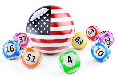 Birleşik Devletler bayrağıyla loto topları. ABD konseptinde piyango, 3D görüntüleme beyaz arka planda izole